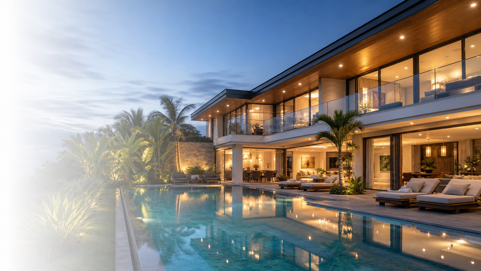 Premium villa exterior at dusk