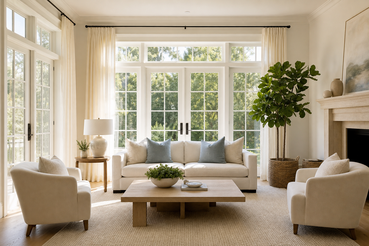 Bright, professionally prepared premium Airbnb living room